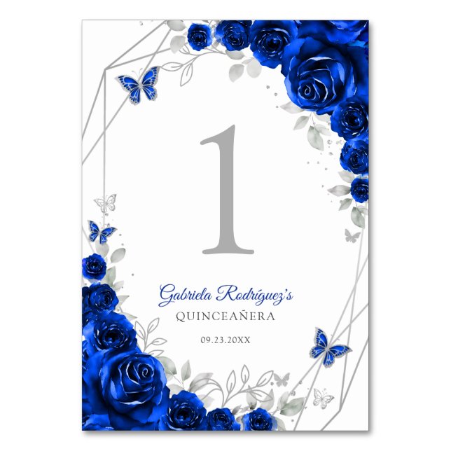 Numeração De Mesa Azul Real Floral de Prata Quinceanera (Frente)