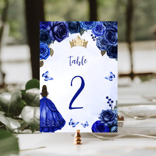 Numeração De Mesa Azul Real Floral Dourada Princesa Quinceañera
