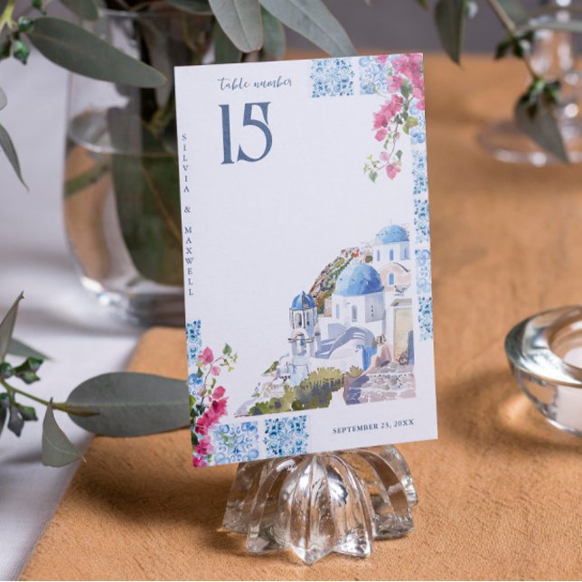 Numeração De Mesa Azulejos de aquarela | Grécia Wedding (Criador carregado)