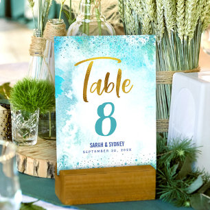 Numeração De Mesa B’nai Mitzvah Turquoise Watercolor Script Dourado