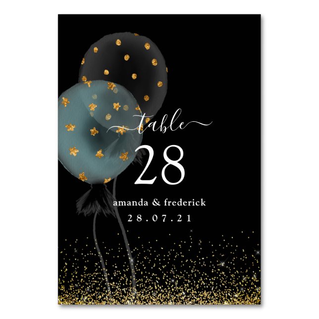 Numeração De Mesa Balão de casamento com brilho preto e dourado (Frente)