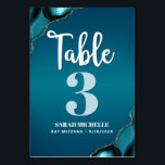 Numeração De Mesa Bat Mitzvah Modern Turquoise Agate Script<br><div class="desc">Nenhuma festa do Bat Mitzvah está completa sem cartões de números de tabela personalizados. Deixe sua filha se orgulhar, se regozijar e celebrar seu marco em seu partido perfeitamente coordenado. Script de caligrafia branca, tipografia azul-turquesa clara e branca, e rochas azuis-turquesas agatadas acentuadas com veias douradas falsas sobrepõem-se a um...</div>