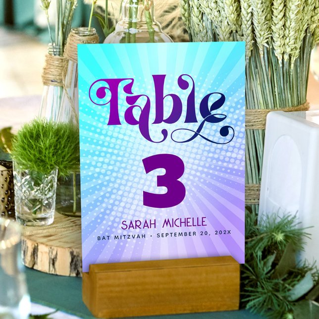 Numeração De Mesa Bat Mitzvah Negrito Retro Boho Gradiente Azul Roxo (Criador carregado)