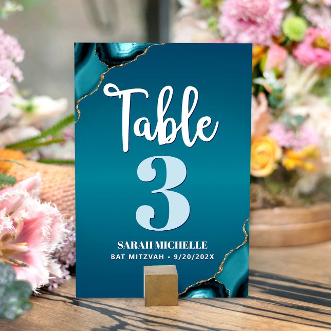 Numeração De Mesa Bat Mitzvah Turquesa Ombre Ágata Script Moderno (Criador carregado)