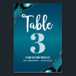 Numeração De Mesa Bat Mitzvah Turquoise Agate Script Modern<br><div class="desc">Nenhuma festa do Bat Mitzvah está completa sem cartões de números de tabela personalizados. Deixe sua filha se orgulhar, se regozijar e celebrar seu marco em seu partido perfeitamente coordenado. Script de caligrafia branca, tipografia azul-turquesa clara e branca, e rochas azuis-turquesas agatadas acentuadas com veias douradas falsas sobrepõem-se a um...</div>