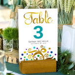 Numeração De Mesa Bat Mitzvah Turquoise Árvore de Folha Branca de Ou<br><div class="desc">Nenhuma festa do Bat Mitzvah está completa sem cartões de números de tabela personalizados. Deixe o seu Bat Mitzvah favorito se orgulhar, se regozijar e celebrar seu marco em seu partido perfeitamente coordenado. Esta sofisticada, chica, atordoante, abstrato gráfica faux gold foil tree com brilho púrpura, turquesa, lacre e azul Star...</div>