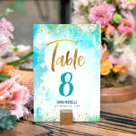 Numeração De Mesa Bat Mitzvah Turquoise Watercolor Script Girly Dour<br><div class="desc">Nenhuma festa do Bat Mitzvah está completa sem cartões de números de tabela personalizados. Deixe o seu Bat Mitzvah favorito se orgulhar, se regozijar e celebrar seu marco em seu partido perfeitamente coordenado. Folha de folha esmaecida, moderna e esparsa de ouro escrita à mão e minúsculos pontos sobrepõem-se a um...</div>