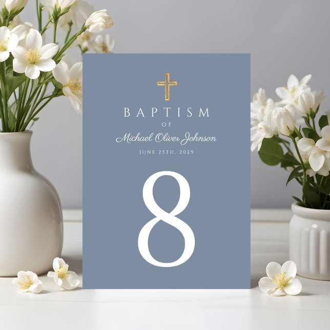 Numeração De Mesa Batismo de Menino Azul Religioso (Religious Cross Dusty Blue Boy Baptism Table Number)