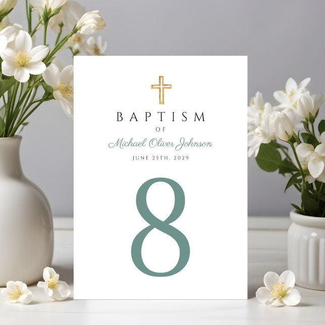 Numeração De Mesa Batismo religioso Cruz Verde (Religious Cross Green Boy Baptism Table Number)