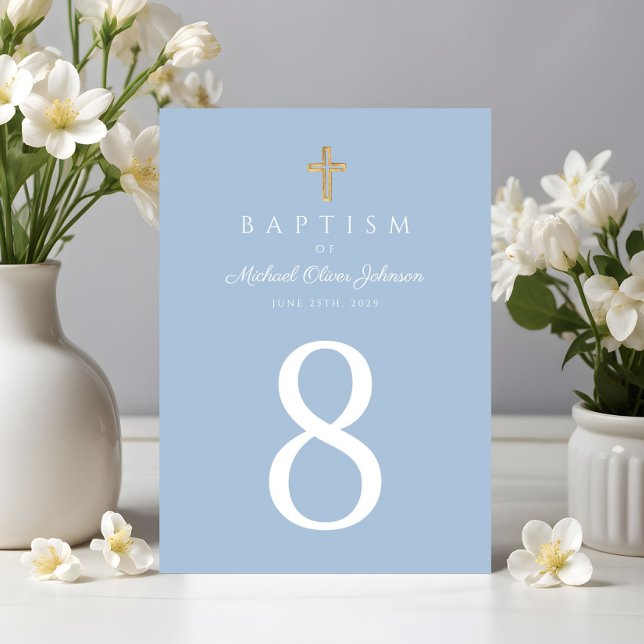 Numeração De Mesa Batismo religioso religioso entre Bebê Azul Elegan (Elegant Baby Blue Religious Cross Boy Baptism Table Number)