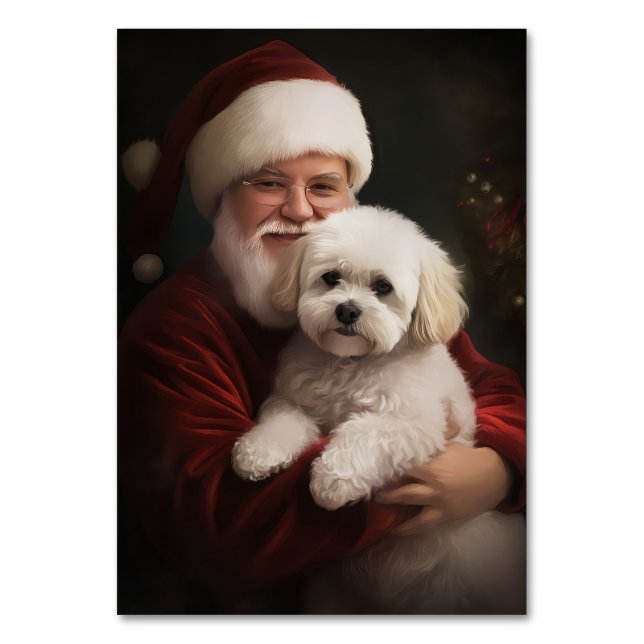 Numeração De Mesa Bichon Frise com Papai Noel Natal Festivo (Frente)