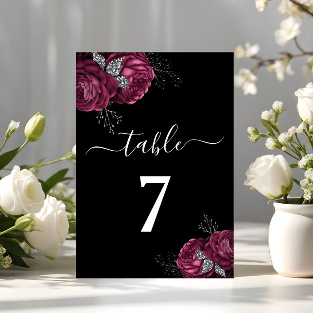 Numeração De Mesa Black Floral Burgundy Peonies Número da Mesa de Ca (Black Floral Burgundy Peonies Wedding Table Number)