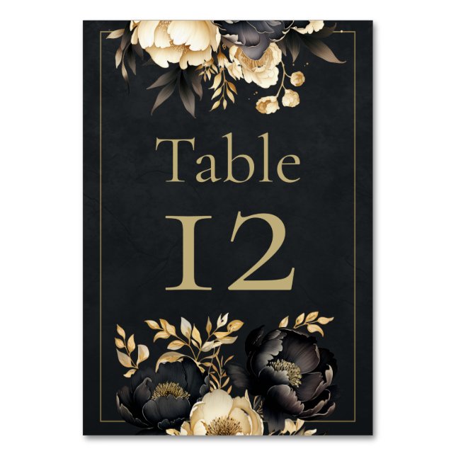 Numeração De Mesa Black & Gold Peony Wedding Table Number (Frente)
