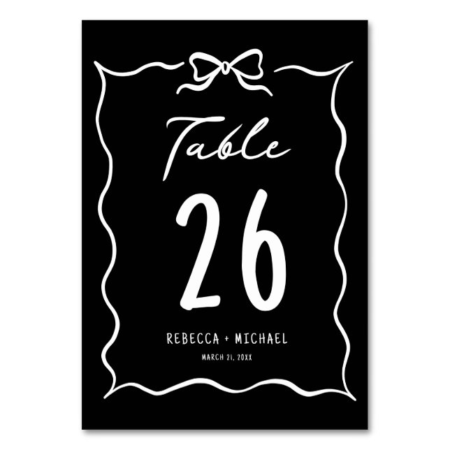 Numeração De Mesa Black Hand Drawn White Bow Wedding (Frente)