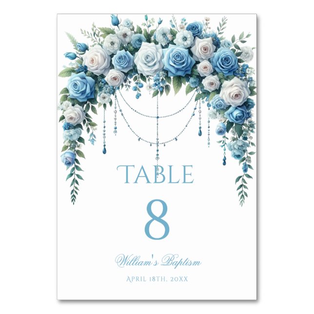 Numeração De Mesa Blue Rose & Silver Cross Baptism Table Number (Frente)
