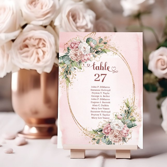 Numeração De Mesa Blush Pink Flowers Greenery Gold Glitter Table Sig (Blush Pink Flowers Greenery Gold Glitter Table Numbers)