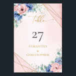 Numeração De Mesa Blush romântico e ouro floral azul de eucalipto<br><div class="desc">Apresentando o Romântico Blush e o Blue Floral Eucalyptus Dourado Frame Wedding Table Number, um extraordinário acréscimo à sua decoração de casamento. Este elegante número de mesa apresenta uma delicada mistura de pincel e flores azuis entrelaçadas com folhas vibrantes de eucalipto, todas envoltas em um quadro luxuoso de ouro. Perfeito...</div>