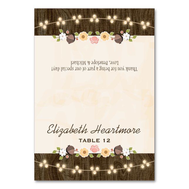 Numeração De Mesa Blush String of Lights Fall Rustic Tent Place Card (Frente)