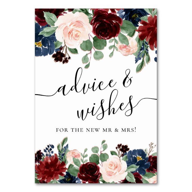 Numeração De Mesa Boho Bloom | Desejos de Borgonha e Azul-Marinho (Frente)