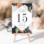 Numeração De Mesa Boho Blooms | Moderno Floral Personalizado<br><div class="desc">As placas de números florais de boho chic apresentam uma borda em forma de diamante de folhagem verde-aquática e flores em tons de pêssego, marfim e branco inspirados no deserto macio, moldando seu número de tabela em carvão rico. Personalize com seus nomes e data de casamento, ou nomeie cada mesa...</div>