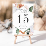 Numeração De Mesa Boho Blooms | Moderno Floral Personalizado<br><div class="desc">As placas de números florais de boho chic apresentam uma borda em forma de diamante de folhagem verde-aquática e flores em tons de pêssego, marfim e branco inspirados no deserto macio, moldando seu número de tabela em carvão rico. Personalize com seus nomes e data de casamento, ou nomeie cada mesa...</div>