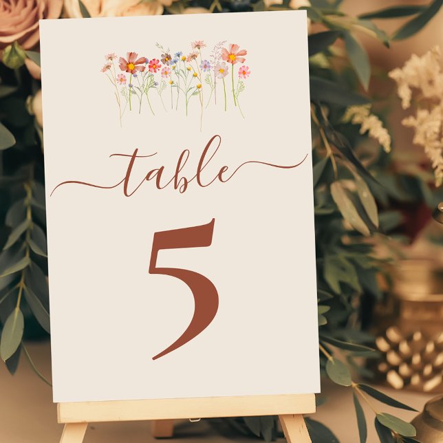 Numeração De Mesa Boho Fall Wildflower Tan Beige Terracotta Wedding (Boho Wildflower floral tan beige terracotta rust Wedding table number card Watercolor florals)