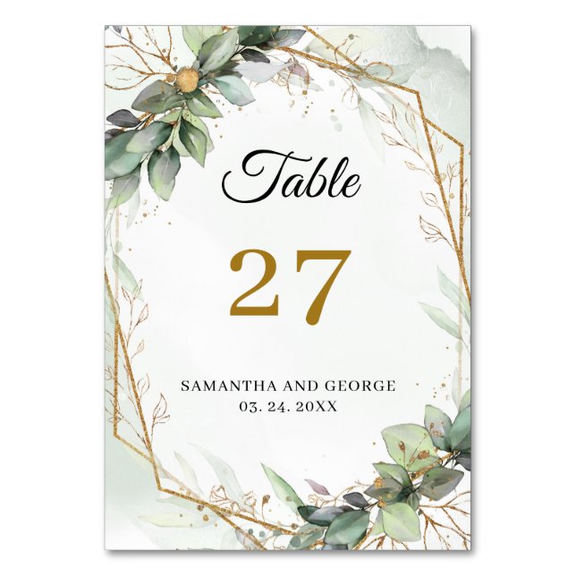Numeração De Mesa Boho greenery eucalyptus foliage gold frame (Frente)