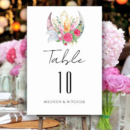 Numeração De Mesa Boho Lua Cristais Penas Flores Rosa Casamento