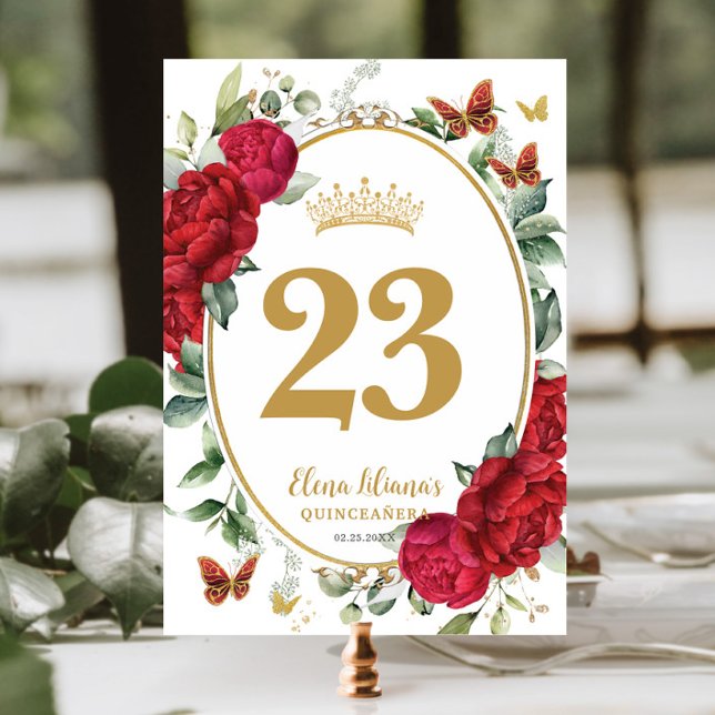 Numeração De Mesa Boho Red Peonies Borboletas Florais Quinceanera (Criador carregado)