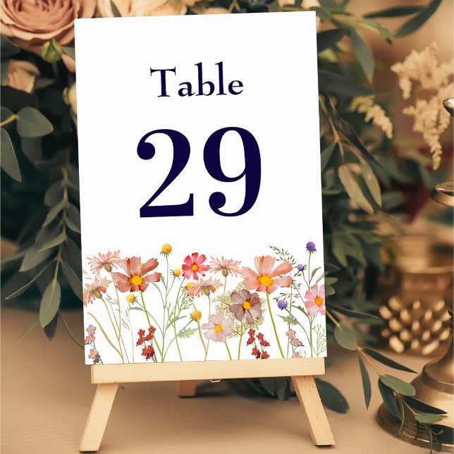 Numeração De Mesa Boho Rústico Floral de Flores Silvestres Azul Mari (Boho fall wildflower meadow floral navy blue and white wedding table number card Elegant modern )