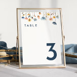 Numeração De Mesa Bold Elegant Floral Wedding<br><div class="desc">Apresentando nossa Bold Elegante Mesa Numérica Floral Design, uma celebração moderna da arte da natureza, com arranjos coloridos de aquarela floral em tons deliciosos de cor rosa-pincel, marinho e azul-poeirento, pêssego, e amarelo com verde-eucalipto macio lindamente posicionado contra uma simples canvas branca pristina com tipografia azul-escura minimalista, criando um olhar...</div>