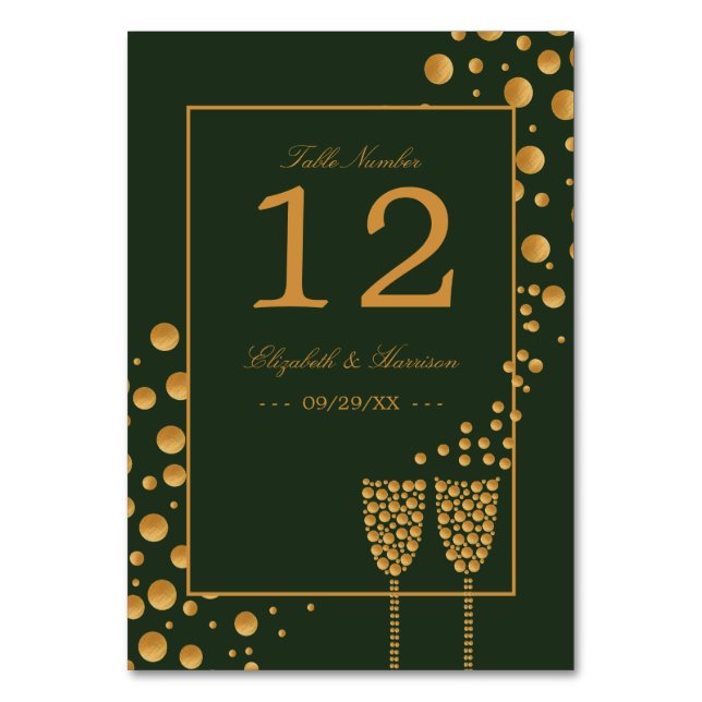 Numeração De Mesa Bolhas Douradas de Champanhe - Verde e Dourado - C (Frente)