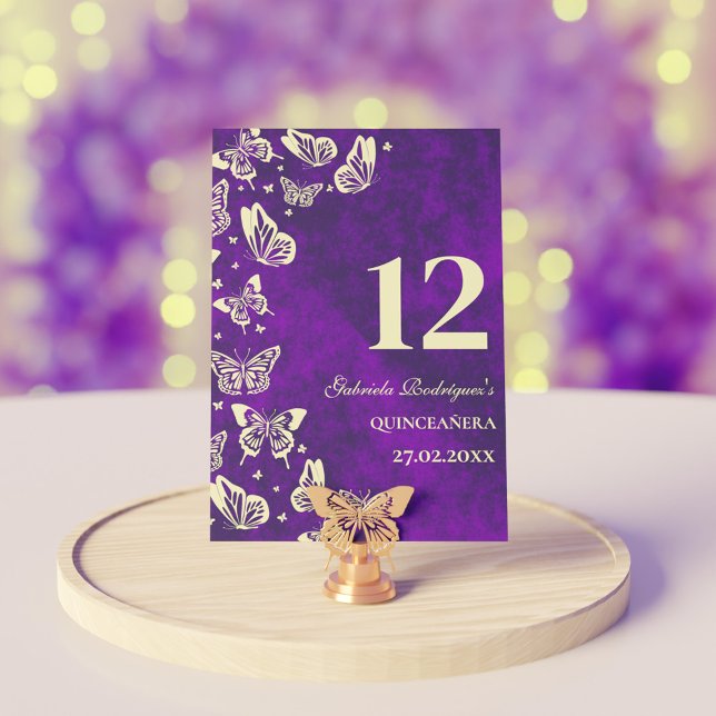 Numeração De Mesa Borboleta Dourada Elegante Quinceañera Seating (Elegant Purple Gold Butterfly Quinceañera Seating Table Number)