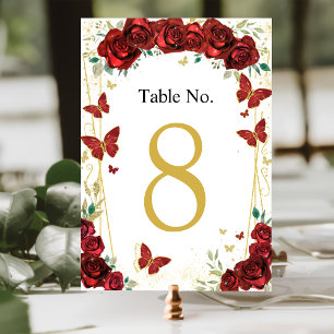 Numeração De Mesa Borboletas Florais de Quinceañera Rosa vermelha