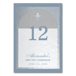 Numeração De Mesa Boy First Communy Dusty Blue Faux Silver Cross