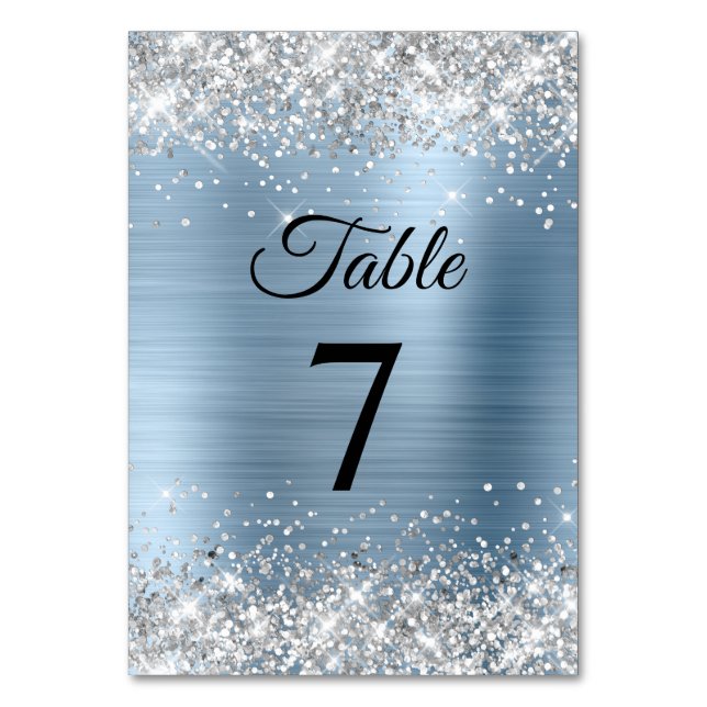 Numeração De Mesa Brilho Prateado Azul Claro Folha (Frente)