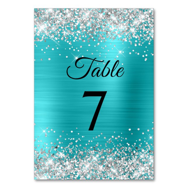 Numeração De Mesa Brilho Prateado Azul Turquesa Foil Elegante (Frente)