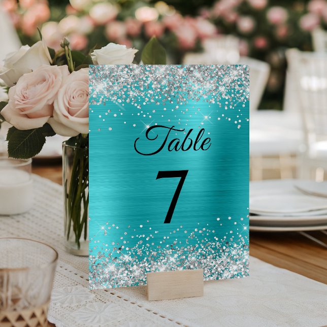 Numeração De Mesa Brilho Prateado Azul Turquesa Foil Elegante (Silver Glitter Turquoise Blue Foil Elegant Table Number)