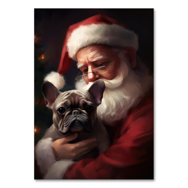 Numeração De Mesa Buldogue Francês com Papai Noel Natal Festivo (Frente)