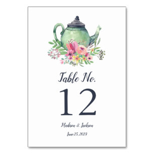 Numeração De Mesa Bule de Chá em Aquarela Casamento