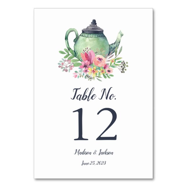 Numeração De Mesa Bule de Chá em Aquarela Casamento (Frente)