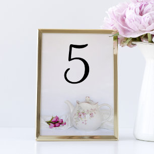 Numeração De Mesa Bule e rosas cor-de-rosa que Wedding