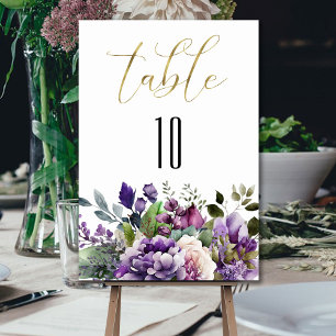 Numeração De Mesa Buquê de Aquarela Violeta Roxa com Grafia Dourada
