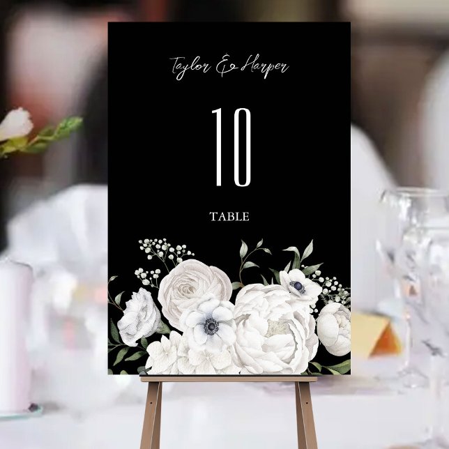 Numeração De Mesa Buquê Floral Branco e Preto Moderno (Criador carregado)
