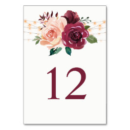 Numeração De Mesa Burgundy Blush Rosas Luzes Floral Casamento