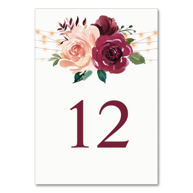 Numeração De Mesa Burgundy Blush Rosas Luzes Floral Casamento (Frente)