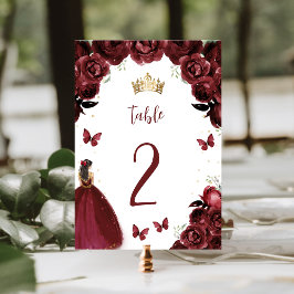 Numeração De Mesa Burgundy Dourada Princesa Floral Quinceañera