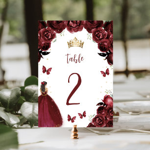 Numeração De Mesa Burgundy Floral Dourada Princesa Quinceañera