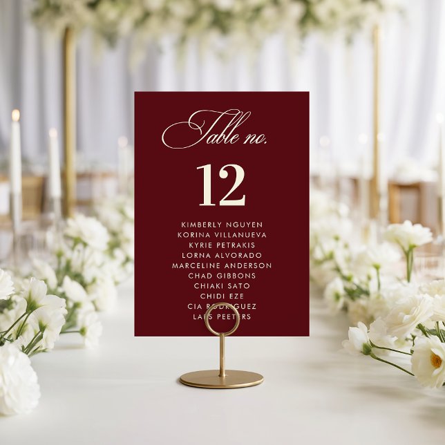 Numeração De Mesa Burgundy Ivory Seating Chart Names Wedding Sign (Criador carregado)