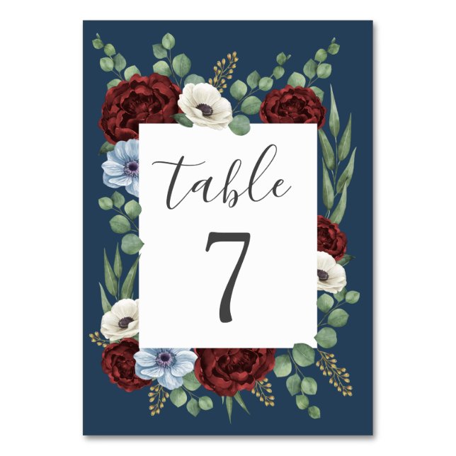 Numeração De Mesa Burgundy Peony Dusty Anemone Azul Casamento Floral (Frente)